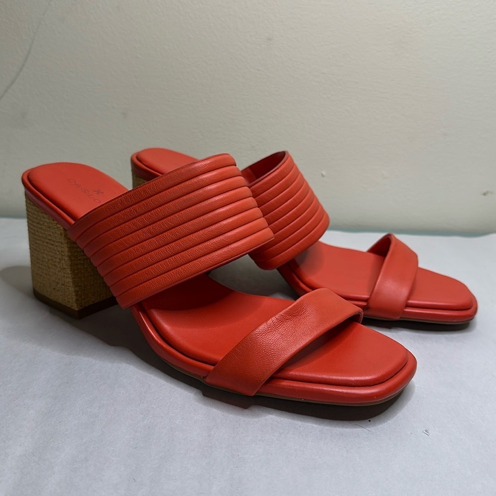 Caslon Lamia Orange Leather Sandal rattan weave block heel size 8